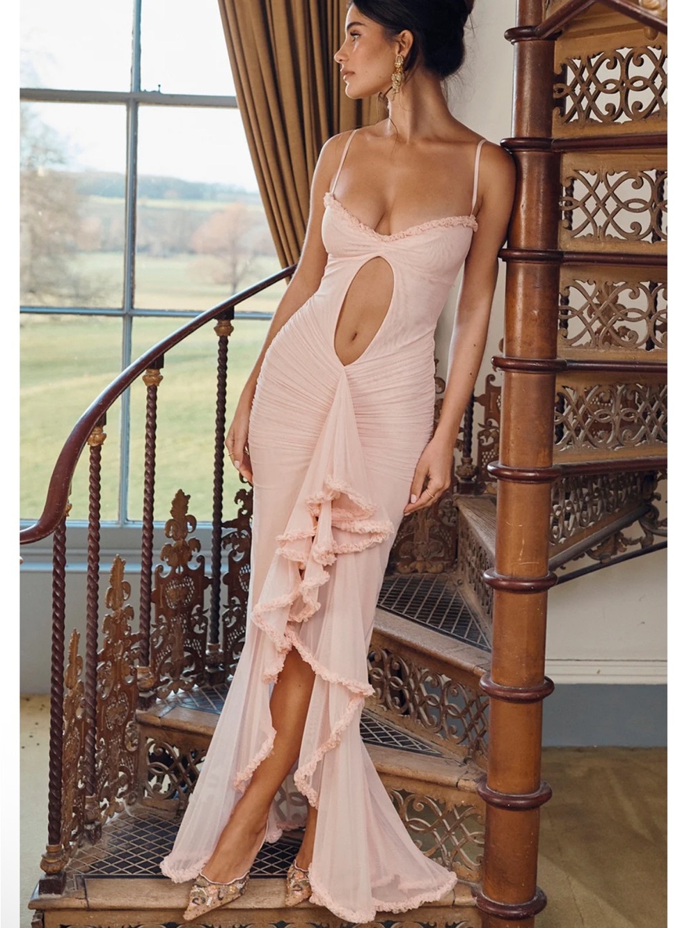 Blush Pink Ruffle Cutout Maxi Dress